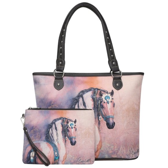 Montana West Handbags - MONTANA WEST Horse Graphic Canvas Shoulder Tote & Wristlet Set NWT